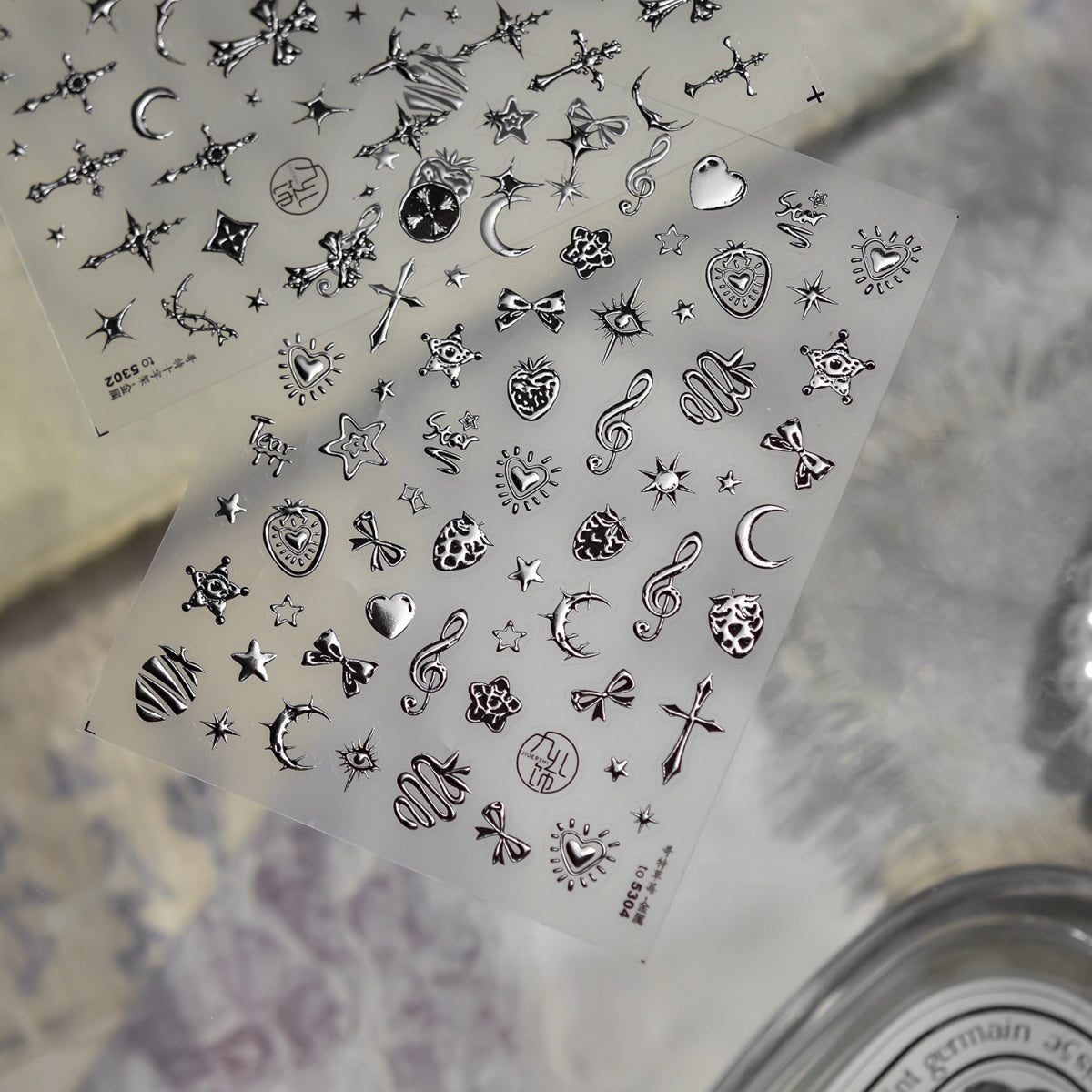 DIY nail stickers with silver heart