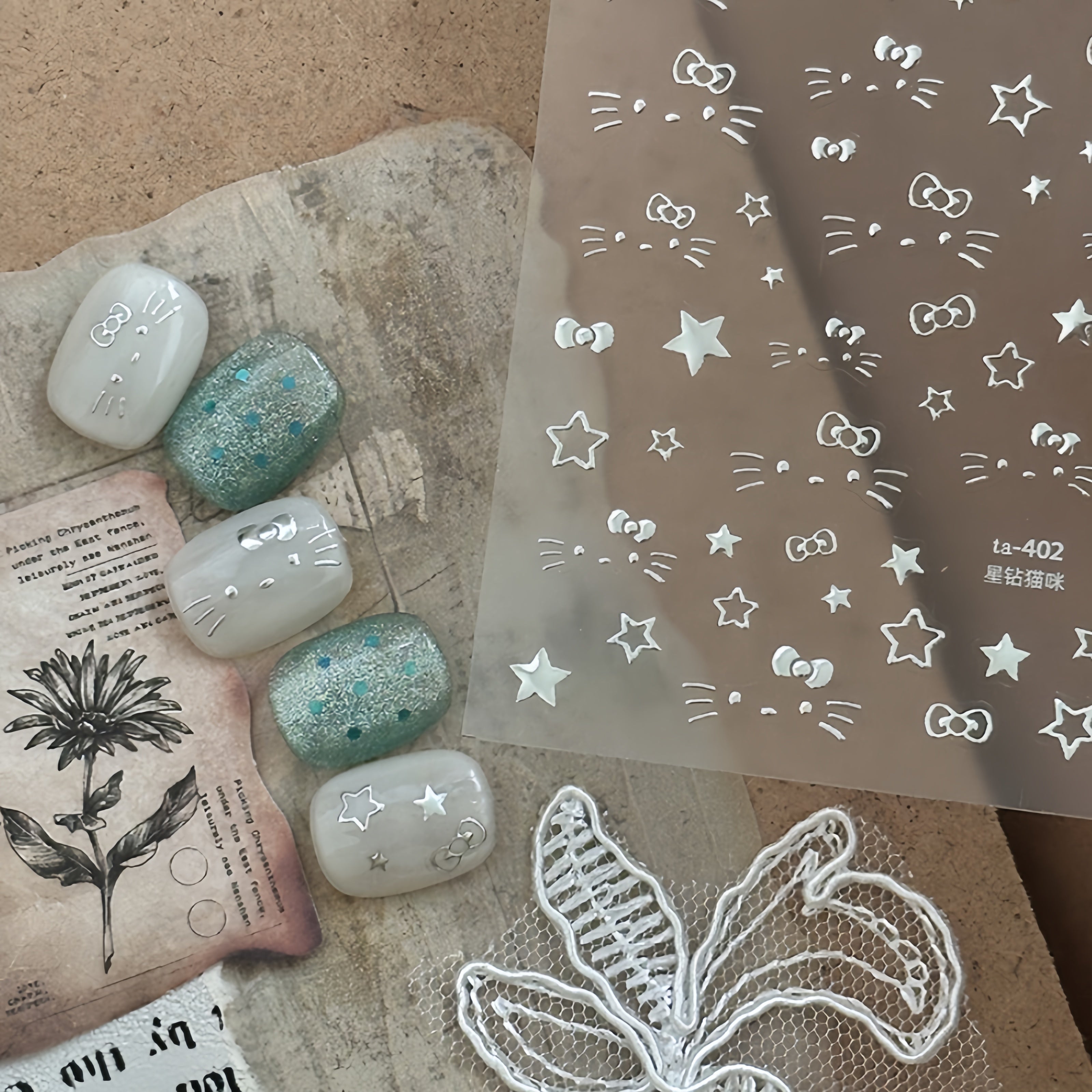 Decorative stones with star and bow patterns nail stickers